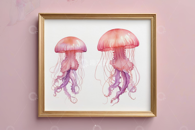 高清大图下载【趣麦麦图】粉色背景框内水母艺术画