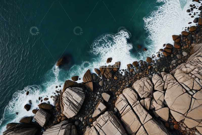 高清大图下载【趣麦麦图】俯拍海浪拍打岩石海岸景观