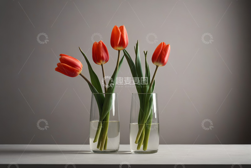 高清大图下载【趣麦麦图】玻璃花瓶中的红色郁金香