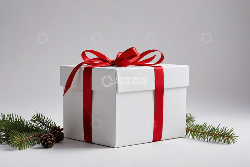 高清大图下载【趣麦麦图】白色礼盒配红色丝带及松枝