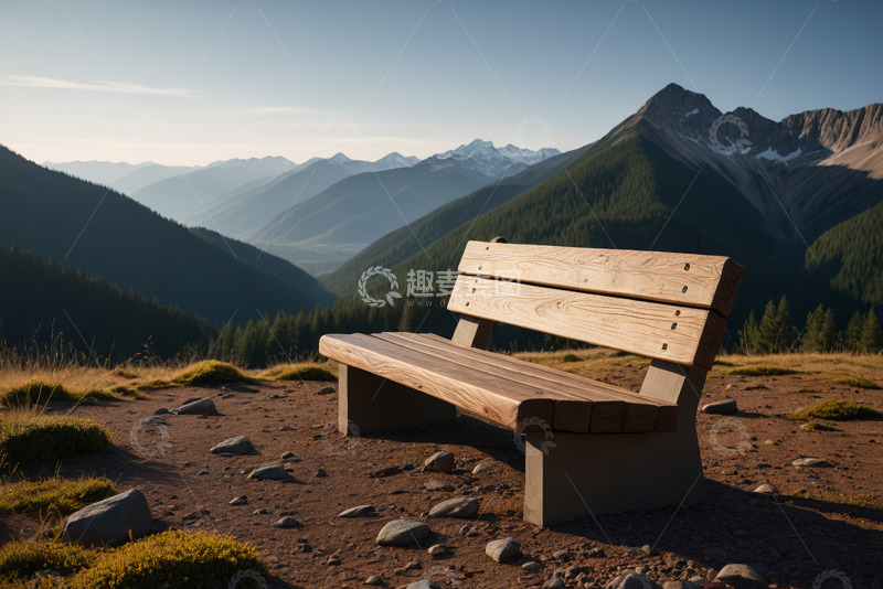 高清大图下载【趣麦麦图】山间长凳与远处山脉风景