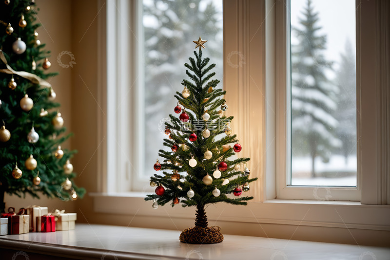 高清大图下载【趣麦麦图】窗边装饰精美的小型圣诞树