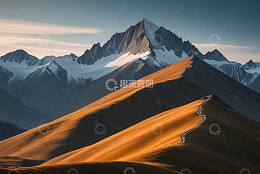 雪山下的金色山坡风景