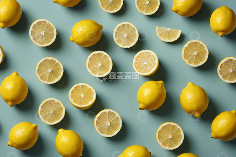 高清大图下载【趣麦麦图】蓝色背景下的柠檬及柠檬切片