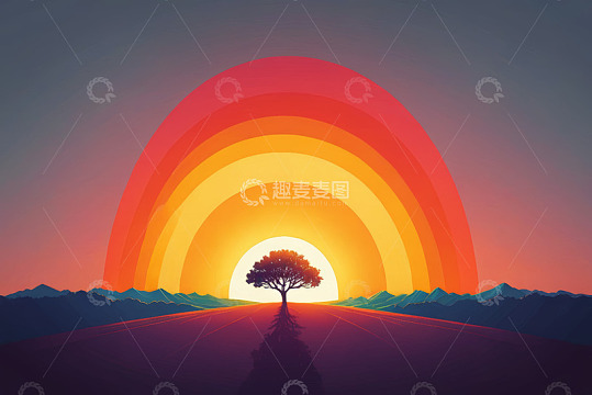 夕阳下公路上的孤树景观
