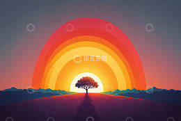 夕阳下公路上的孤树景观