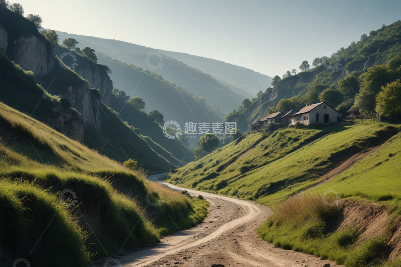 高清大图下载【趣麦麦图】山间蜿蜒土路与村落风景