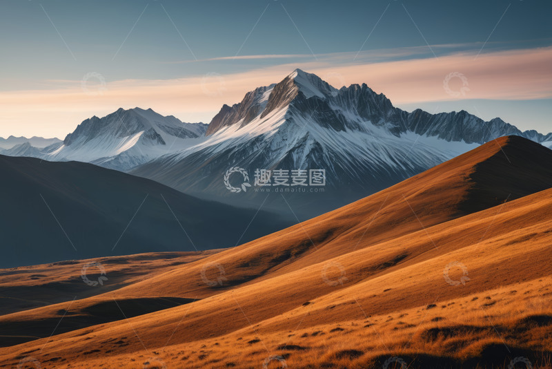 高清大图下载【趣麦麦图】户外雪山与金色草坡景观