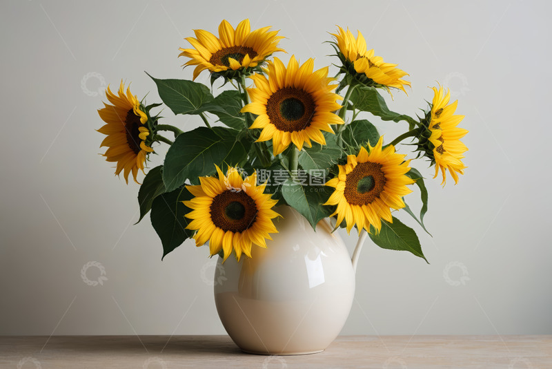 高清大图下载【趣麦麦图】白色花瓶中的向日葵插花