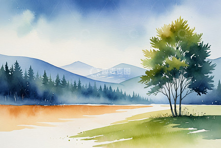 水彩风格山林草地自然风光