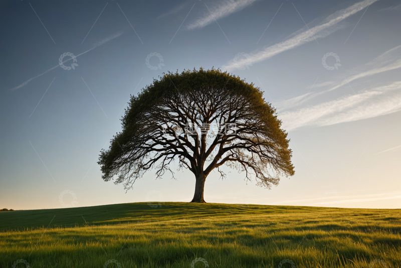 高清大图下载【趣麦麦图】草原上单棵树与蓝天景象