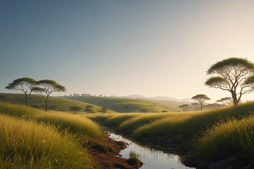 草原河流树木自然风光