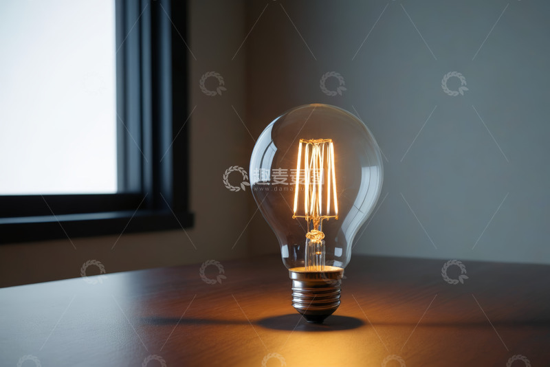 高清大图下载【趣麦麦图】室内桌面上发光的复古灯泡
