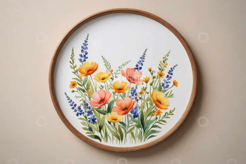 高清大图下载【趣麦麦图】圆形框内花卉装饰画