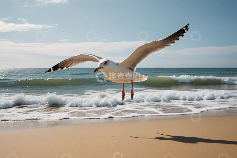 高清大图下载【趣麦麦图】海滩上飞翔的海鸥