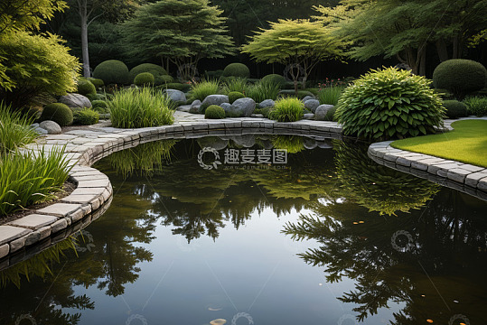 静谧花园中的池塘景观