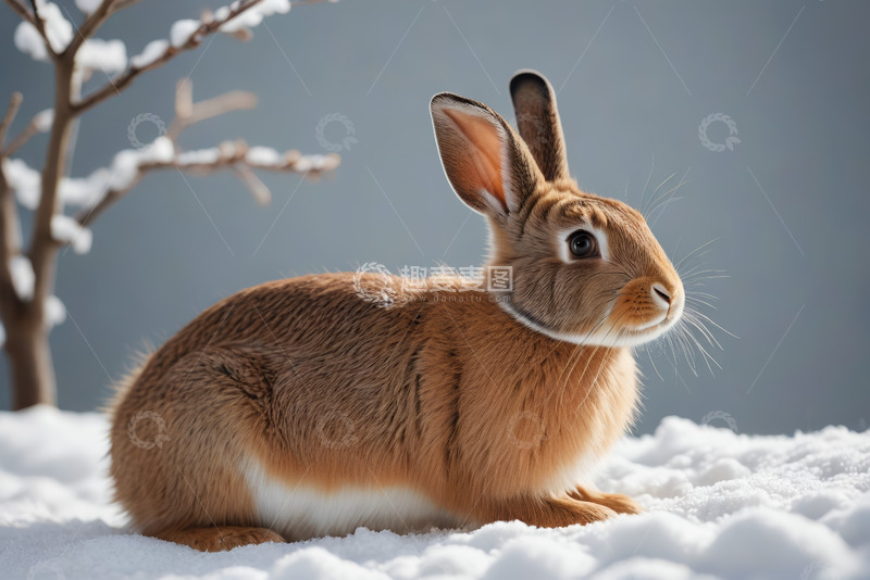 高清大图下载【趣麦麦图】雪地中的棕色兔子特写