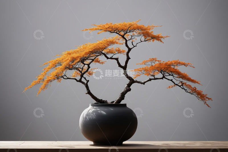高清大图下载【趣麦麦图】灰底桌上的橙色盆景树
