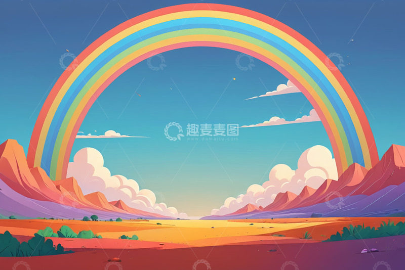 高清大图下载【趣麦麦图】卡通风格彩虹下的自然风光