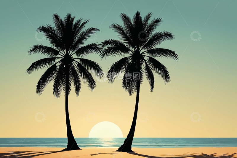 高清大图下载【趣麦麦图】海滩上的双棵棕榈树与落日
