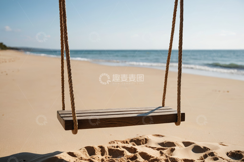 高清大图下载【趣麦麦图】海滩上的木质秋千
