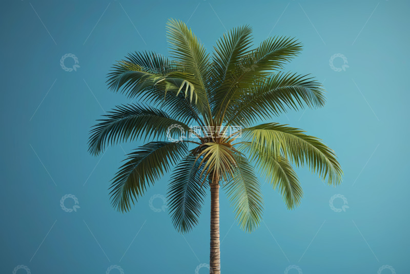 高清大图下载【趣麦麦图】蓝色背景下的单棵棕榈树