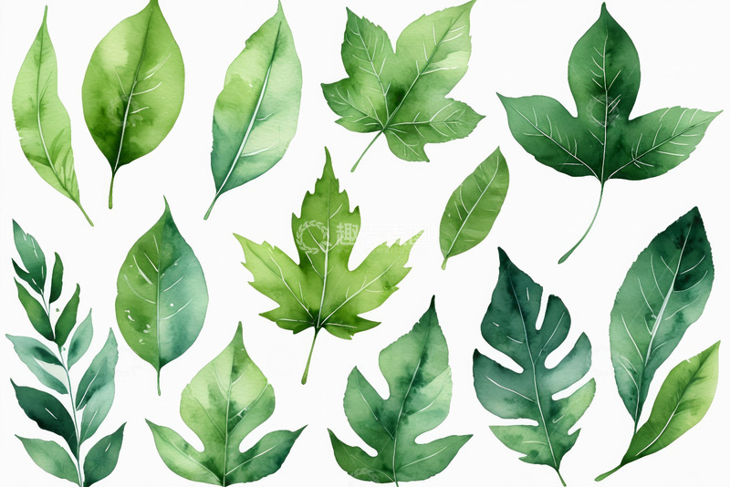 高清大图下载【趣麦麦图】水彩风格绿色植物叶子集合
