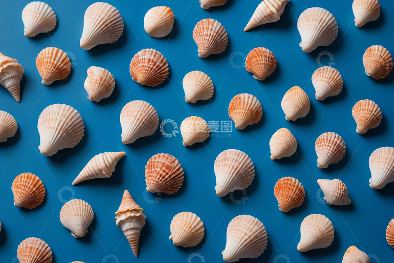 高清大图下载【趣麦麦图】蓝色背景上排列的多彩贝壳