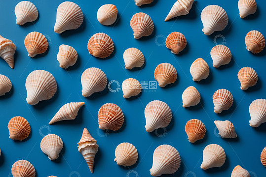 蓝色背景上排列的多彩贝壳
