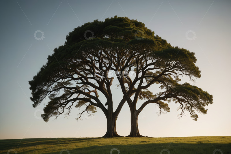 高清大图下载【趣麦麦图】户外草原上的双棵大树