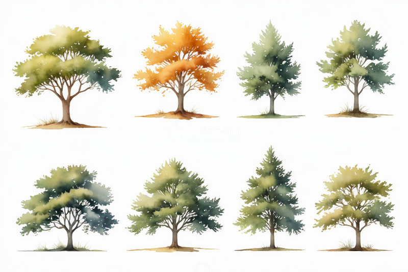 高清大图下载【趣麦麦图】多棵水彩风格树木素材