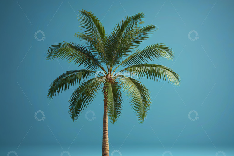 高清大图下载【趣麦麦图】蓝色背景下的单棵棕榈树