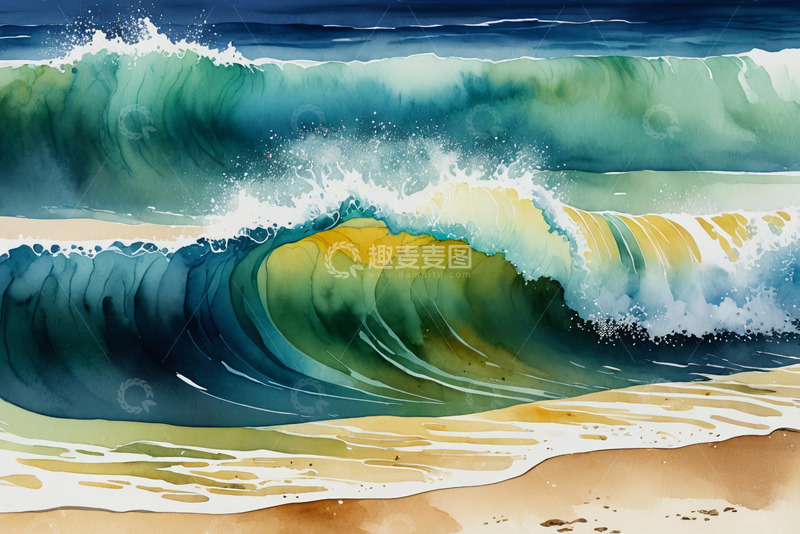 高清大图下载【趣麦麦图】海浪拍打沙滩水彩画