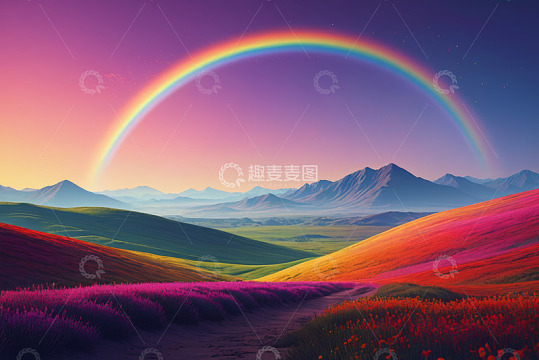 山间彩虹下的多彩花海风景