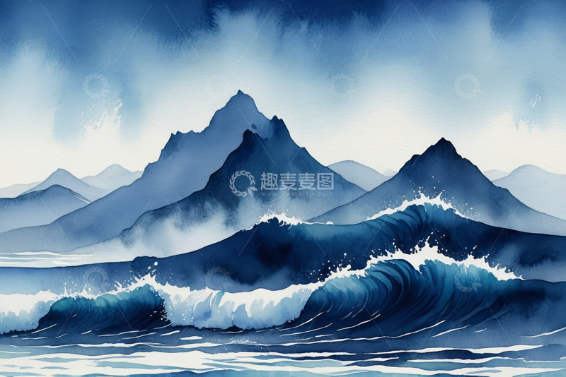 高清大图下载【趣麦麦图】海浪翻涌与远山的自然景观