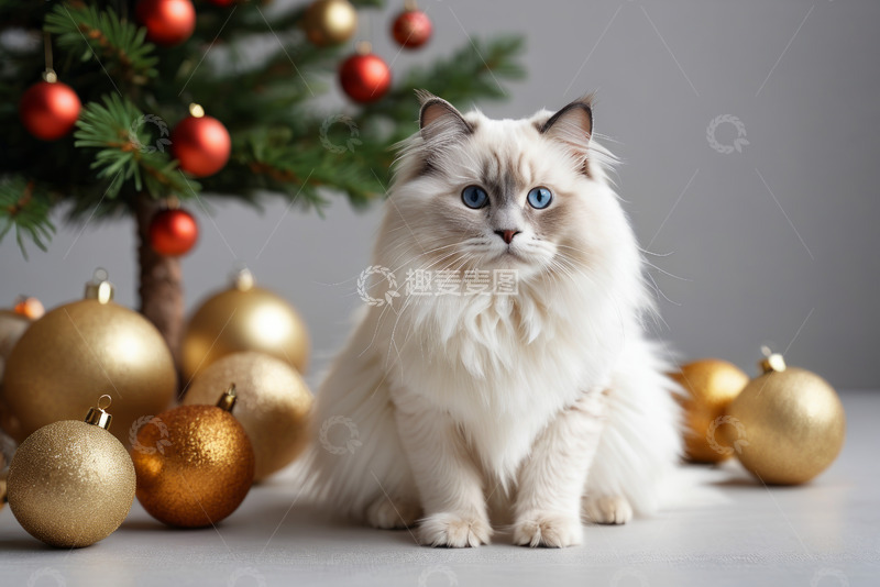 高清大图下载【趣麦麦图】圣诞树下的长毛蓝眼猫咪