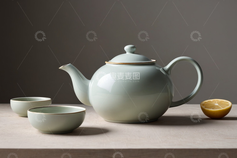 高清大图下载【趣麦麦图】青瓷茶壶与茶杯静物素材