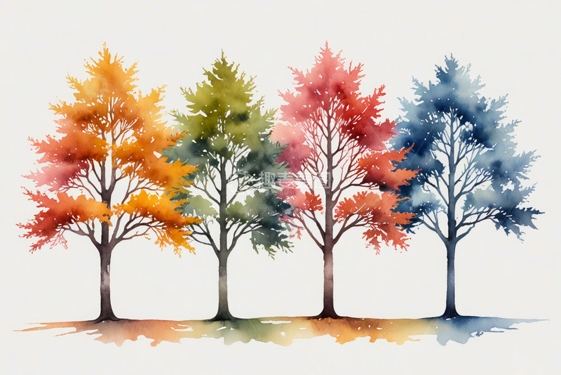 高清大图下载【趣麦麦图】水彩风格秋季多彩树木