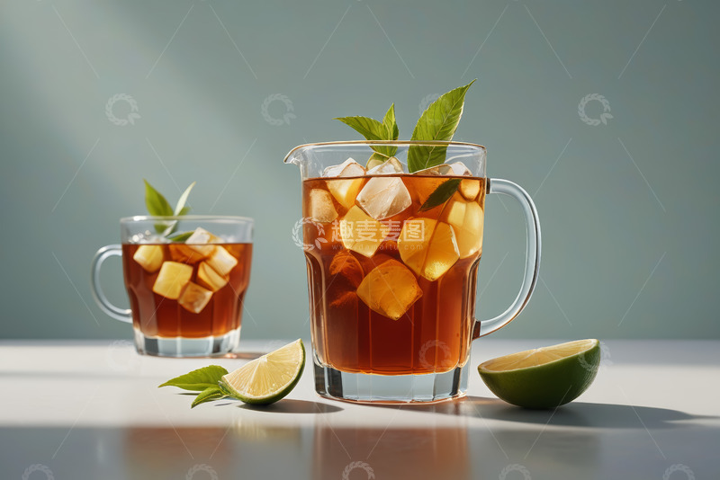 高清大图下载【趣麦麦图】玻璃壶与杯装冰茶及青柠