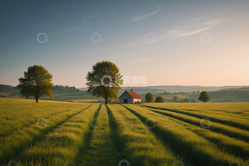 高清大图下载【趣麦麦图】田野中的小屋与树木风景