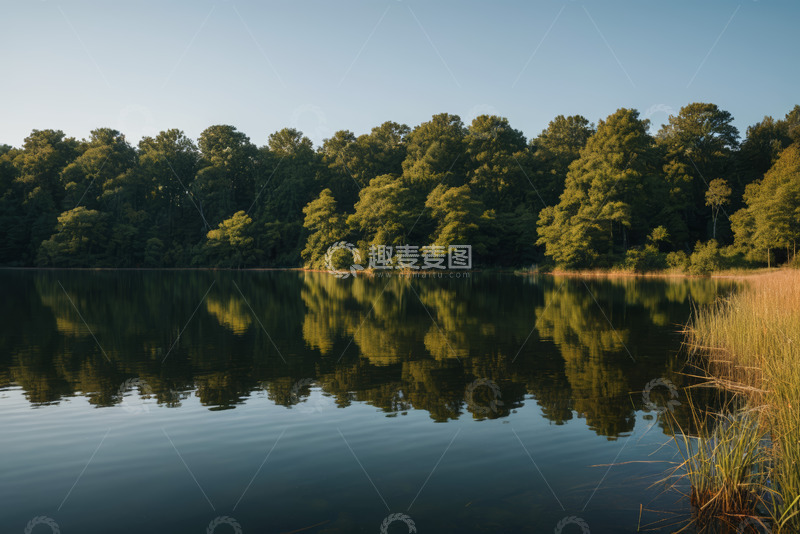 高清大图下载【趣麦麦图】森林旁平静湖水自然景观