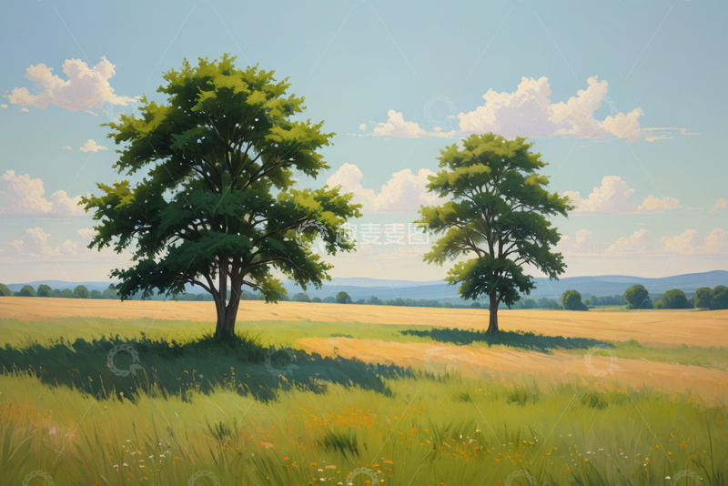 高清大图下载【趣麦麦图】田野中的两棵绿树风景