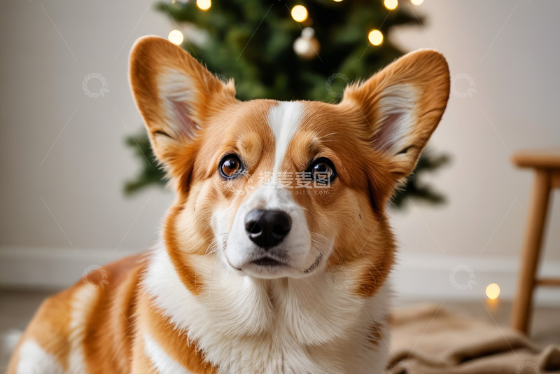 高清大图下载【趣麦麦图】室内圣诞树旁的柯基犬