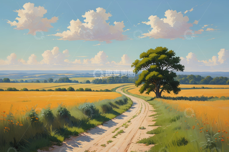 高清大图下载【趣麦麦图】田野间小路与绿树风景