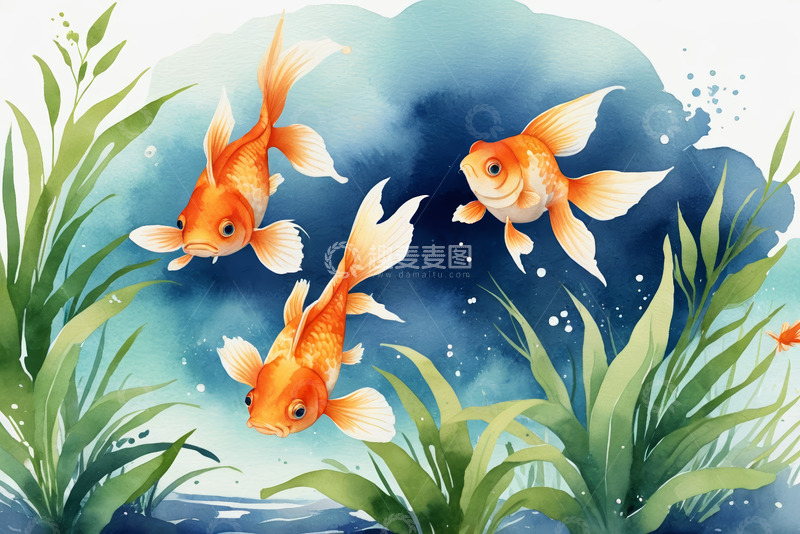 高清大图下载【趣麦麦图】水中游动的金鱼插画