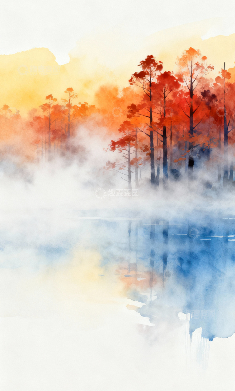 高清大图下载【趣麦麦图】水彩秋林雾霭风景画