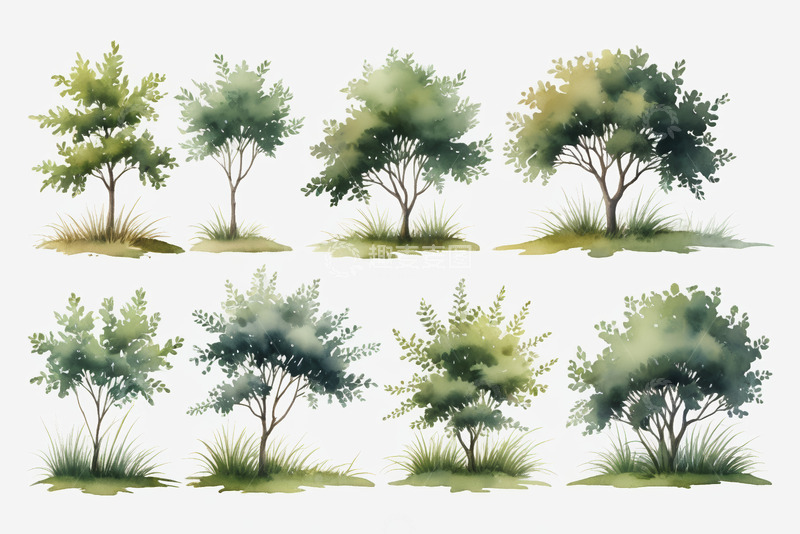 高清大图下载【趣麦麦图】水彩风格树木插画素材