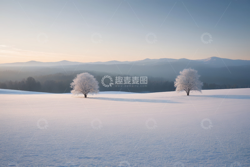 高清大图下载【趣麦麦图】冬日雪野中的两棵树木