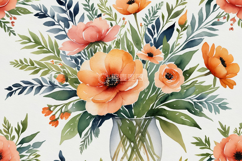 高清大图下载【趣麦麦图】水彩风格花瓶花卉插画