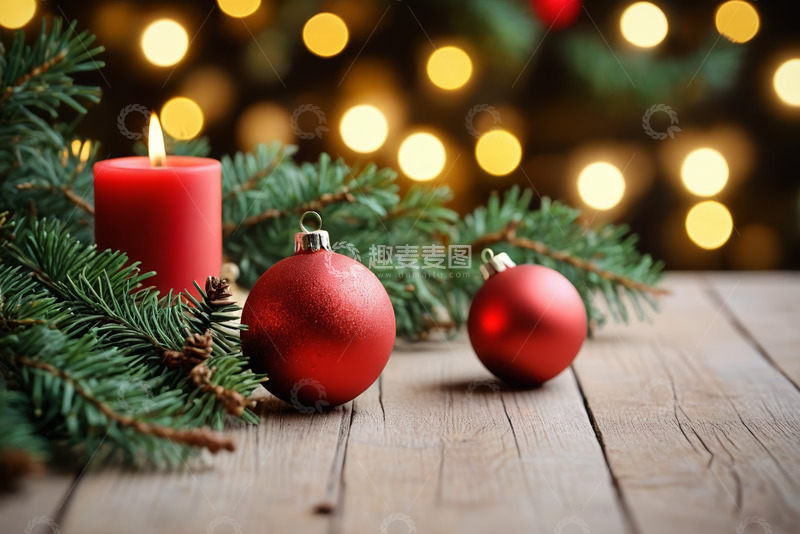 高清大图下载【趣麦麦图】圣诞装饰蜡烛与松枝静物